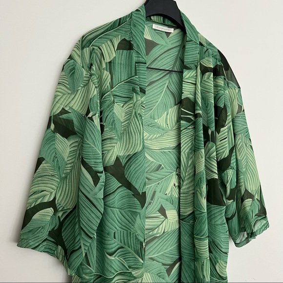 Sheer Tropical Leaf Print Tunic Robe OS - Picture 2 of 5